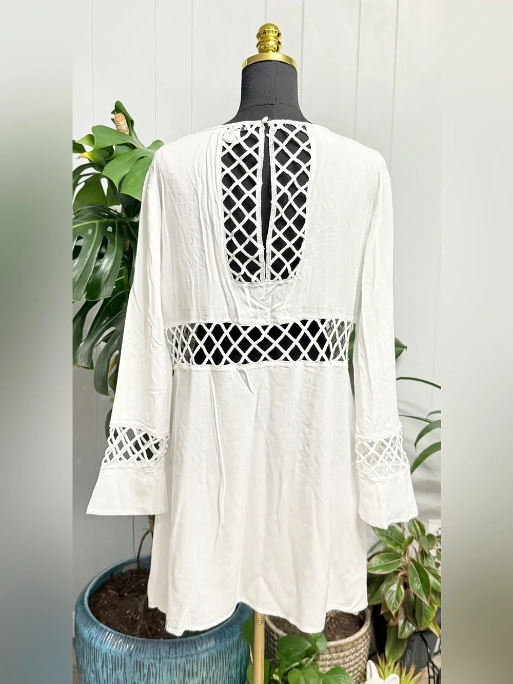 #18)  VENUS White Crochet-Trim Swim Coverup Dress